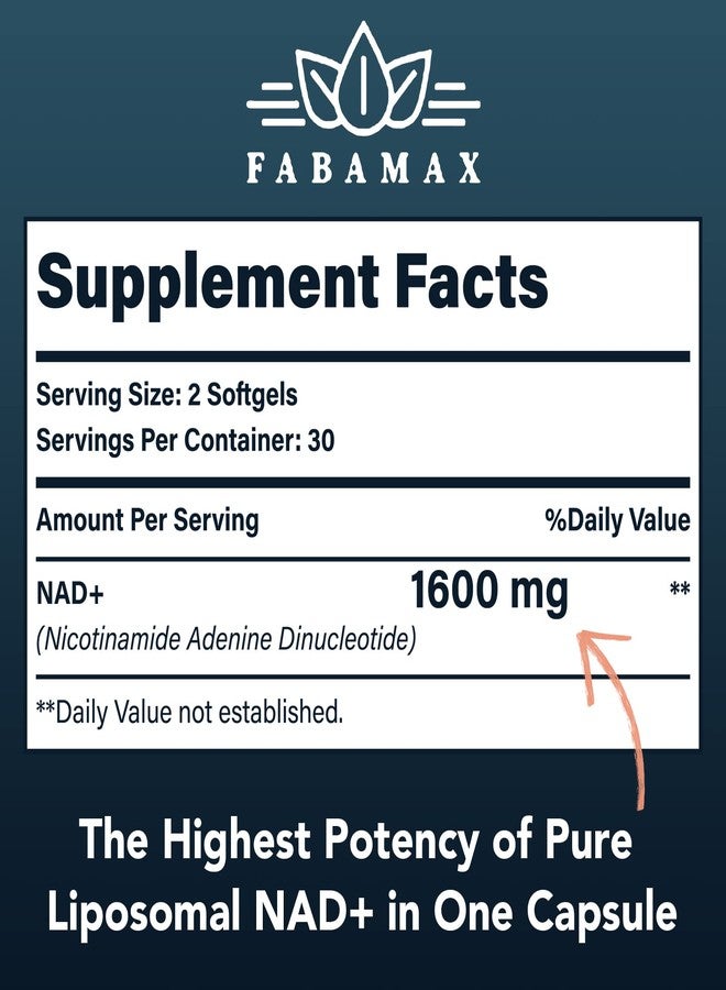 Fabamax 1600 mg Liposomal NAD Supplement, 98% Pure NAD+ Supplement, Superior Absorption, Alternative to Nicotinamide Riboside or NADH to Boost NAD+ for Aging Defense, Energy, Longevity,60 Softgels - Image 2